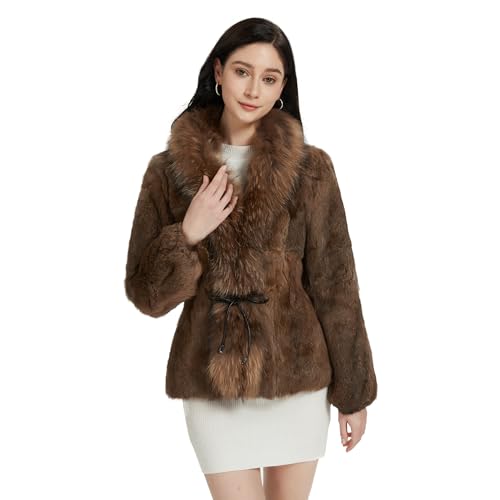 Fur Story Women's Genuine Rabbit Fur Coat with Raccoon Fur Collar